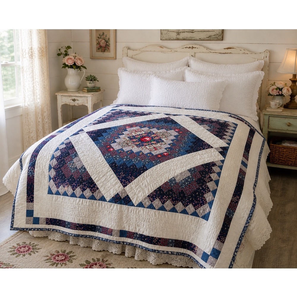 VTG‎ Handmade Patchwork Heirloom Quilt 80s Blanket Blue White Floral Cottagecore